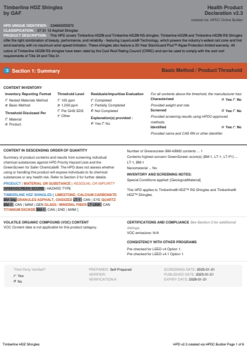 Cover of Timberline HDZ Shingles — open the PDF