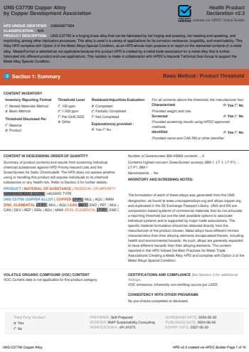 Cover of UNS C37700 Copper Alloy — open the PDF