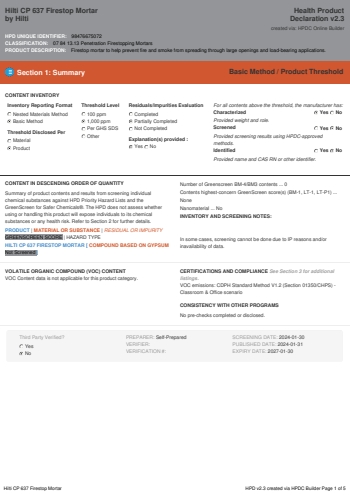 Cover of Hilti CP 637 Firestop Mortar — open the PDF