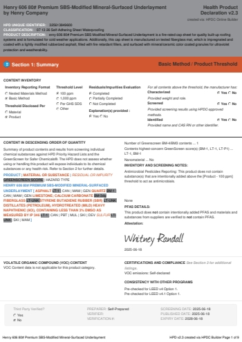 Cover of Henry 606 80# Premium SBS-Modified Mineral-Surfaced Underlayment — open the PDF